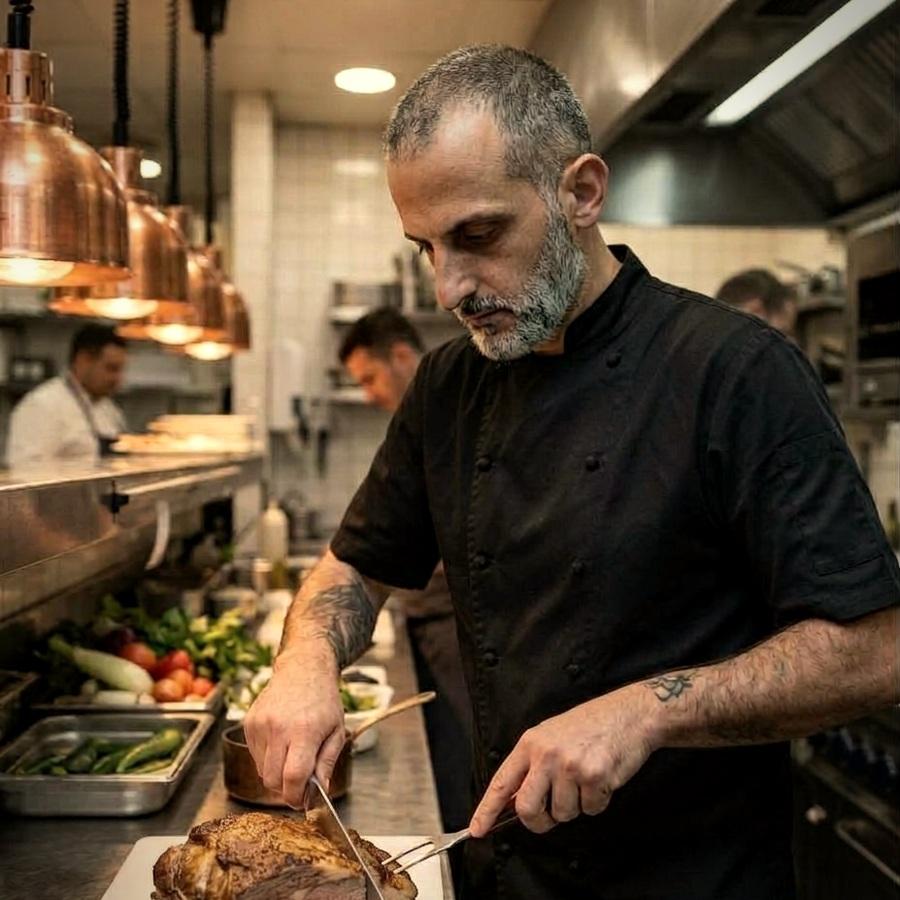 Ilias Zoukouridis carving in the kitchen