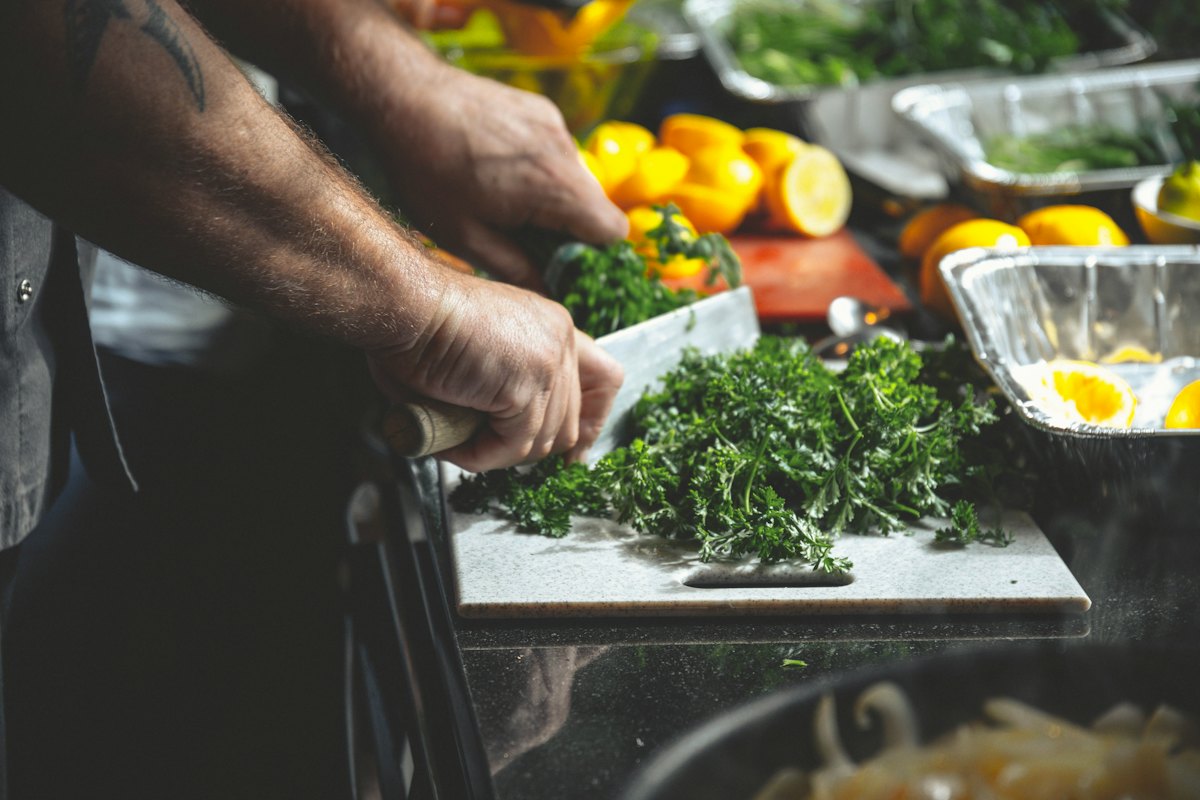 Chopping herbs on a station